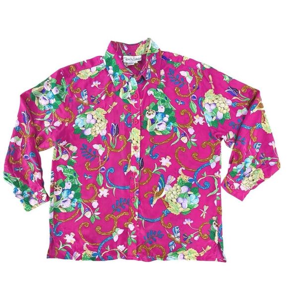VTG Diane Von Furstenberg XL 100% Silk Button Up Blouse Floral Tropical Resort - Picture 2 of 16